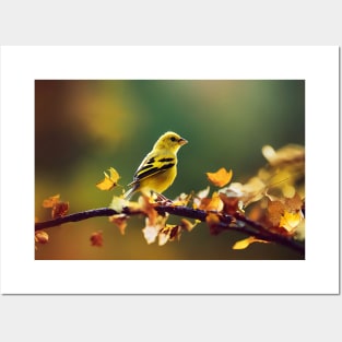 Cute tiny yellow bird on a branch Posters and Art